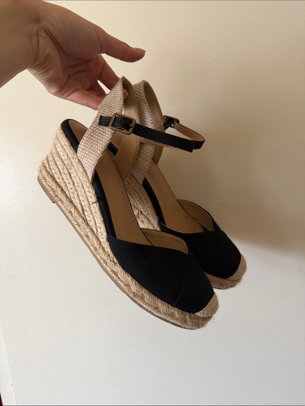 Classic Black Espadrille Wedge Sandals with Ankle Strap - Picture 3 of 3